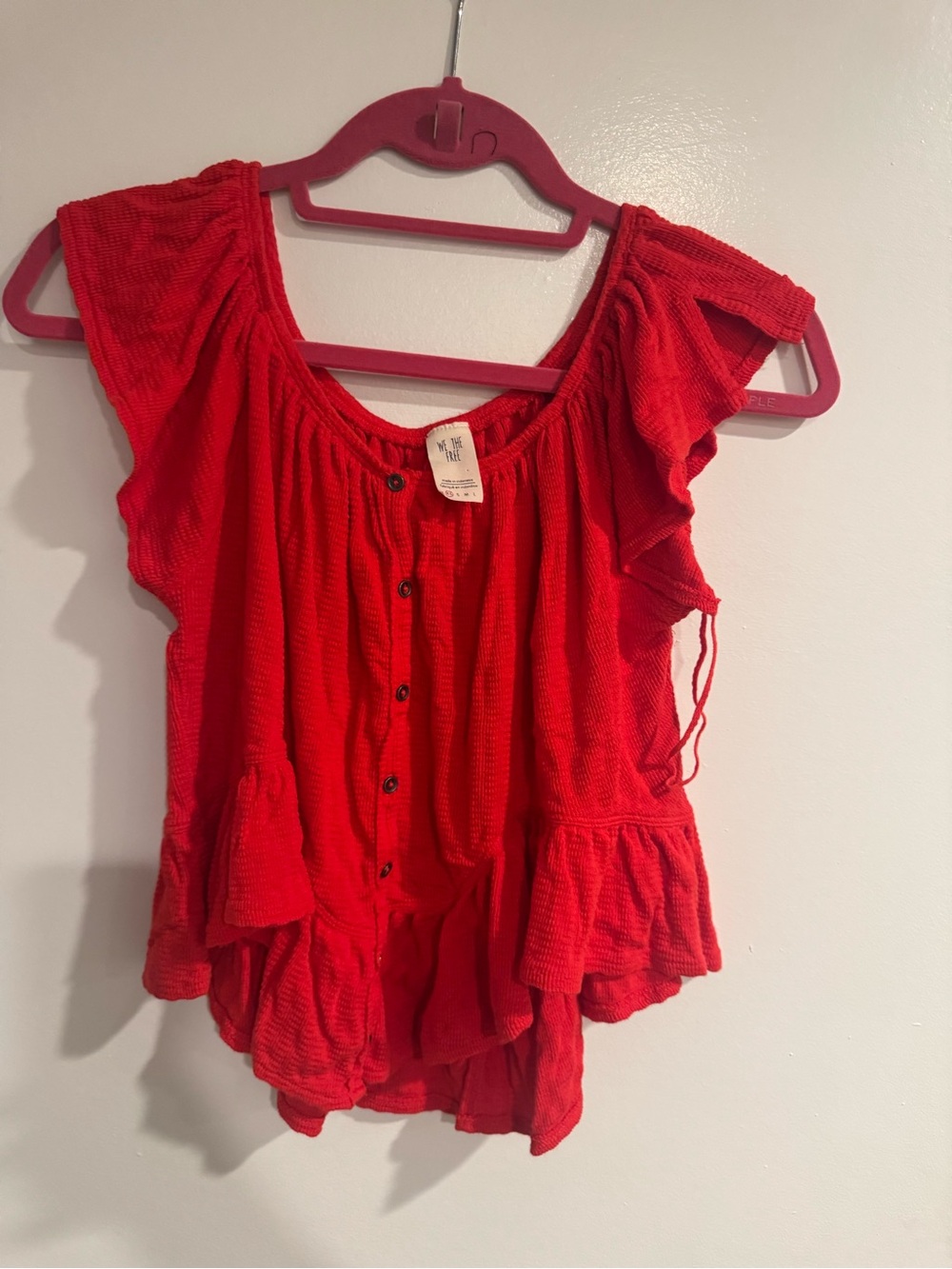 We The Free Bright Red Ruffle Button Top